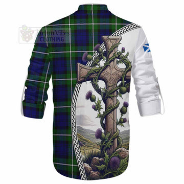 Bannerman Tartan Ghillie Kilt Shirt with Family Crest and St. Andrew's Cross Accented by Thistle Vines