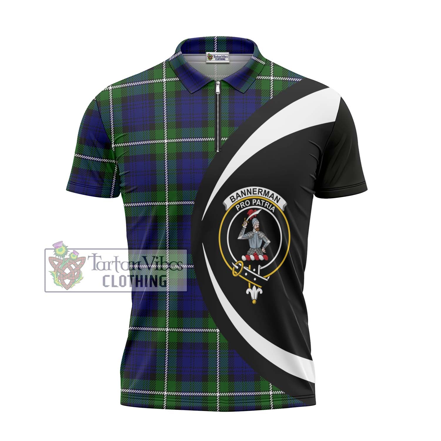 Tartan Vibes Clothing Bannerman Tartan Zipper Polo Shirt with Family Crest Circle Style