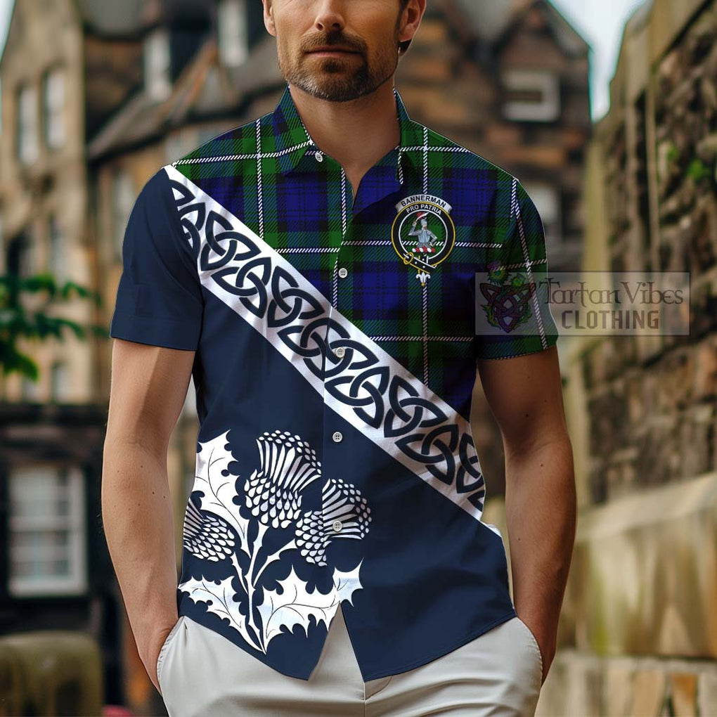 Tartan Vibes Clothing Bannerman Tartan Short Sleeve Button Shirt Featuring Thistle and Scotland Map