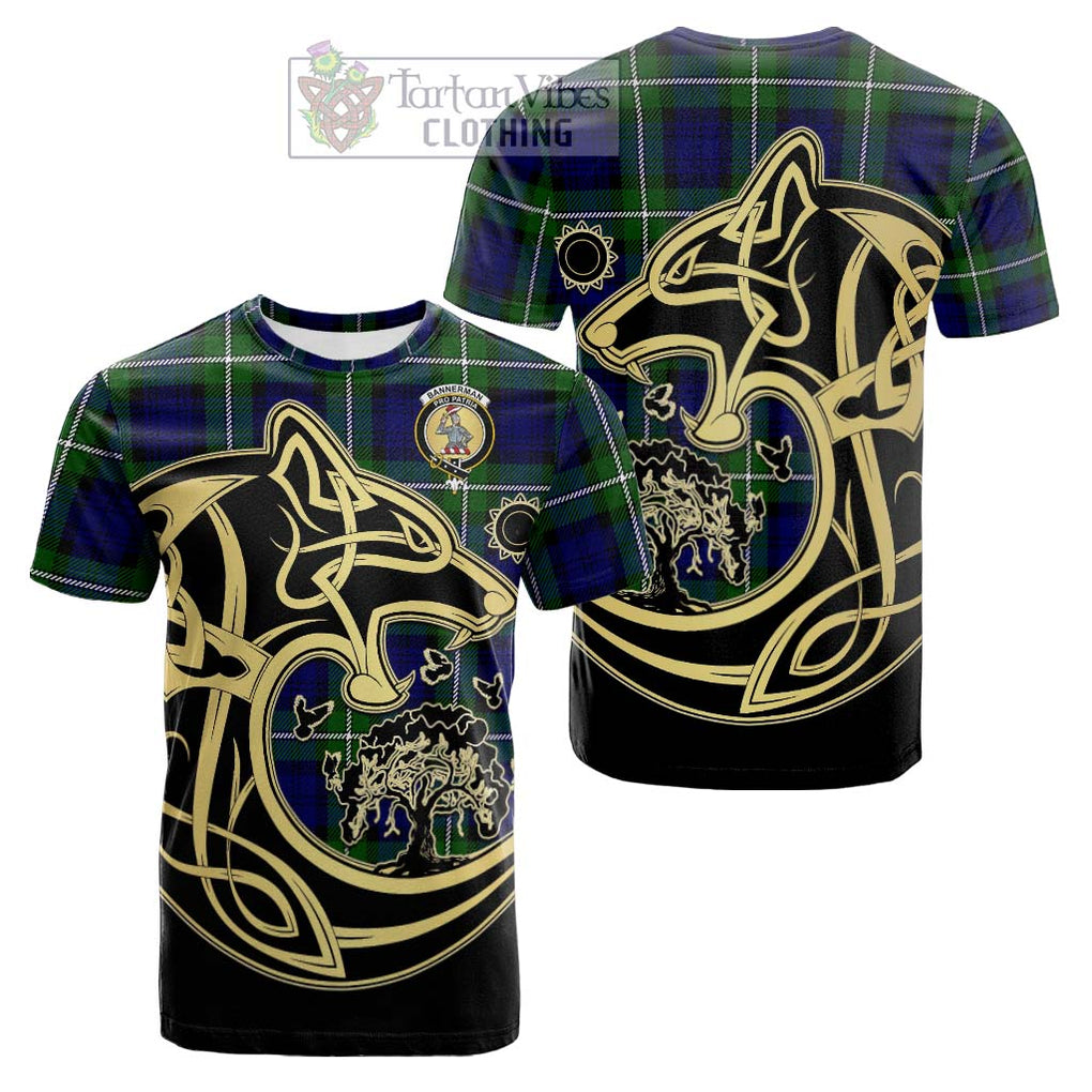 Tartan Vibes Clothing Bannerman Tartan Cotton T-shirt with Family Crest Celtic Wolf Style