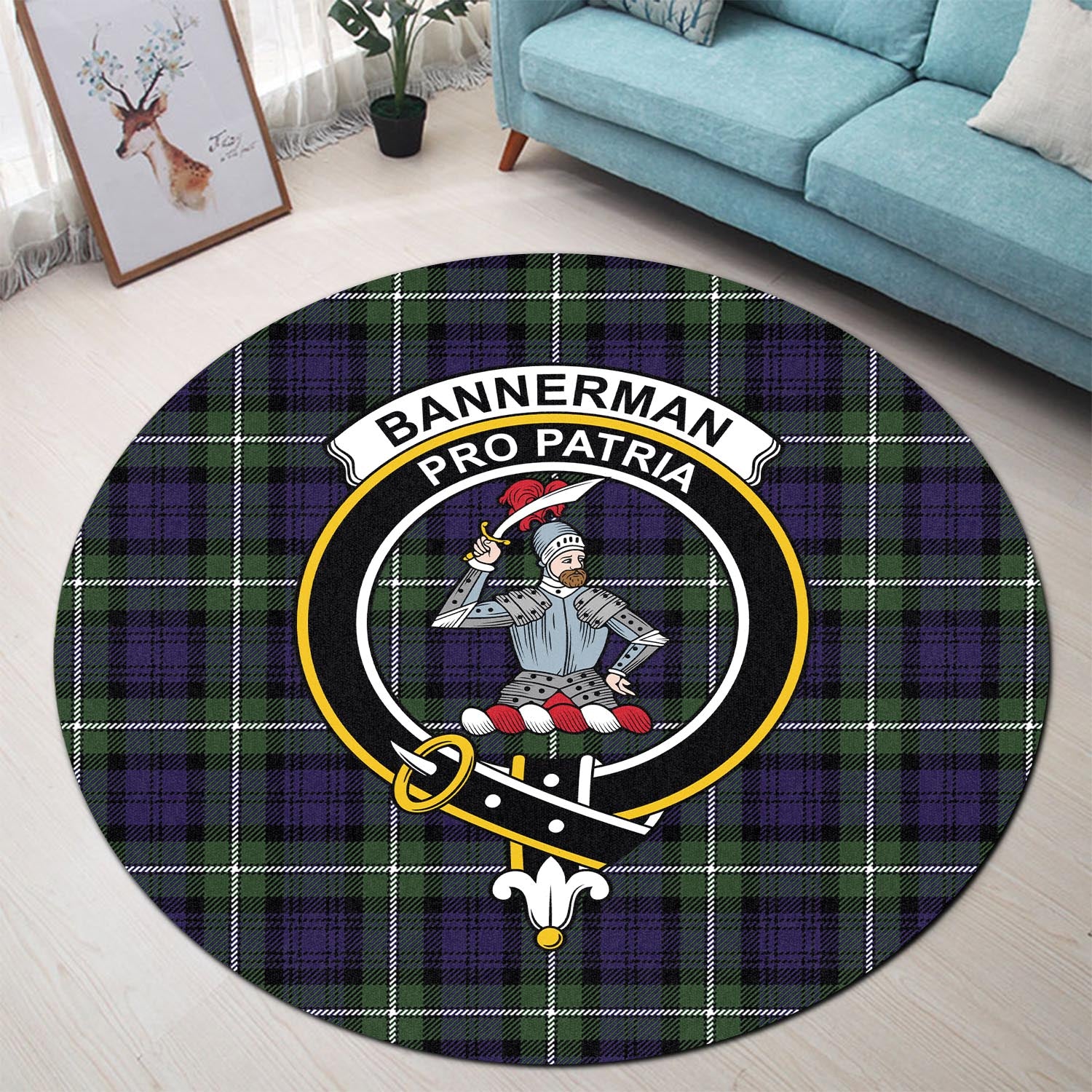 Bannerman Tartan Round Rug with Family Crest - Tartanvibesclothing