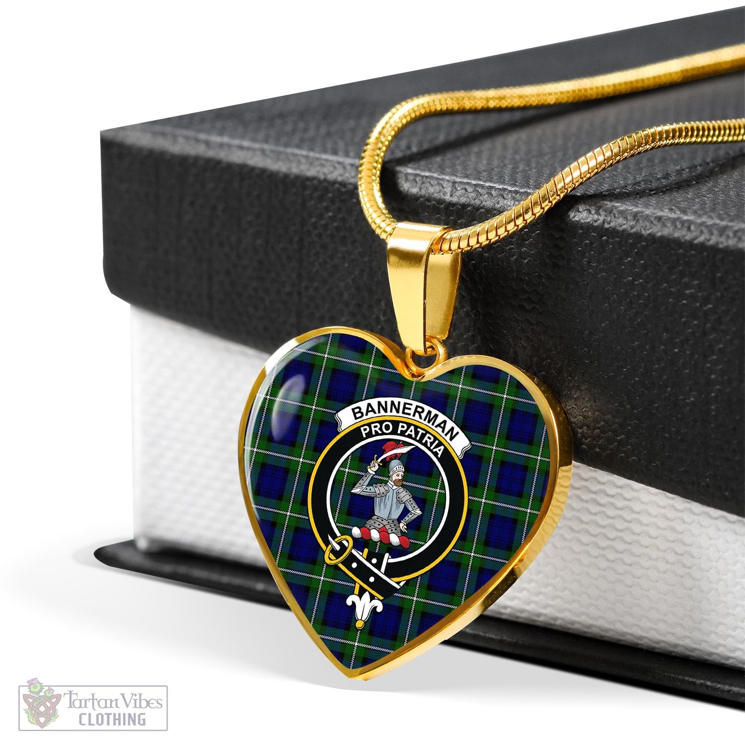 Tartan Vibes Clothing Bannerman Tartan Heart Necklace with Family Crest