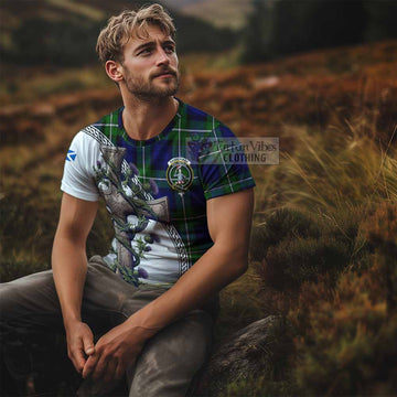 Bannerman Tartan T-Shirt with Family Crest and St. Andrew's Cross Accented by Thistle Vines