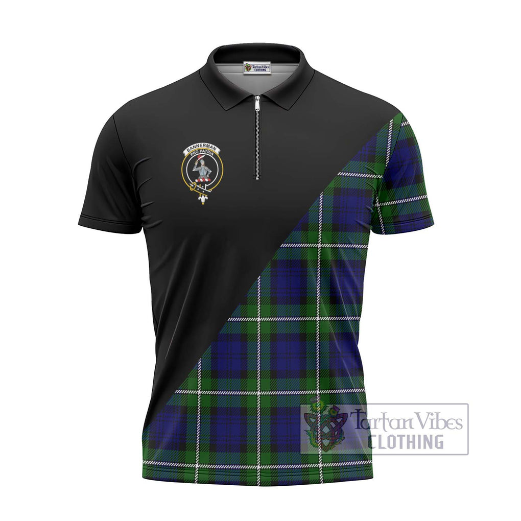 Bannerman Tartan Zipper Polo Shirt with Family Crest and Military Logo Style - Tartanvibesclothing Shop