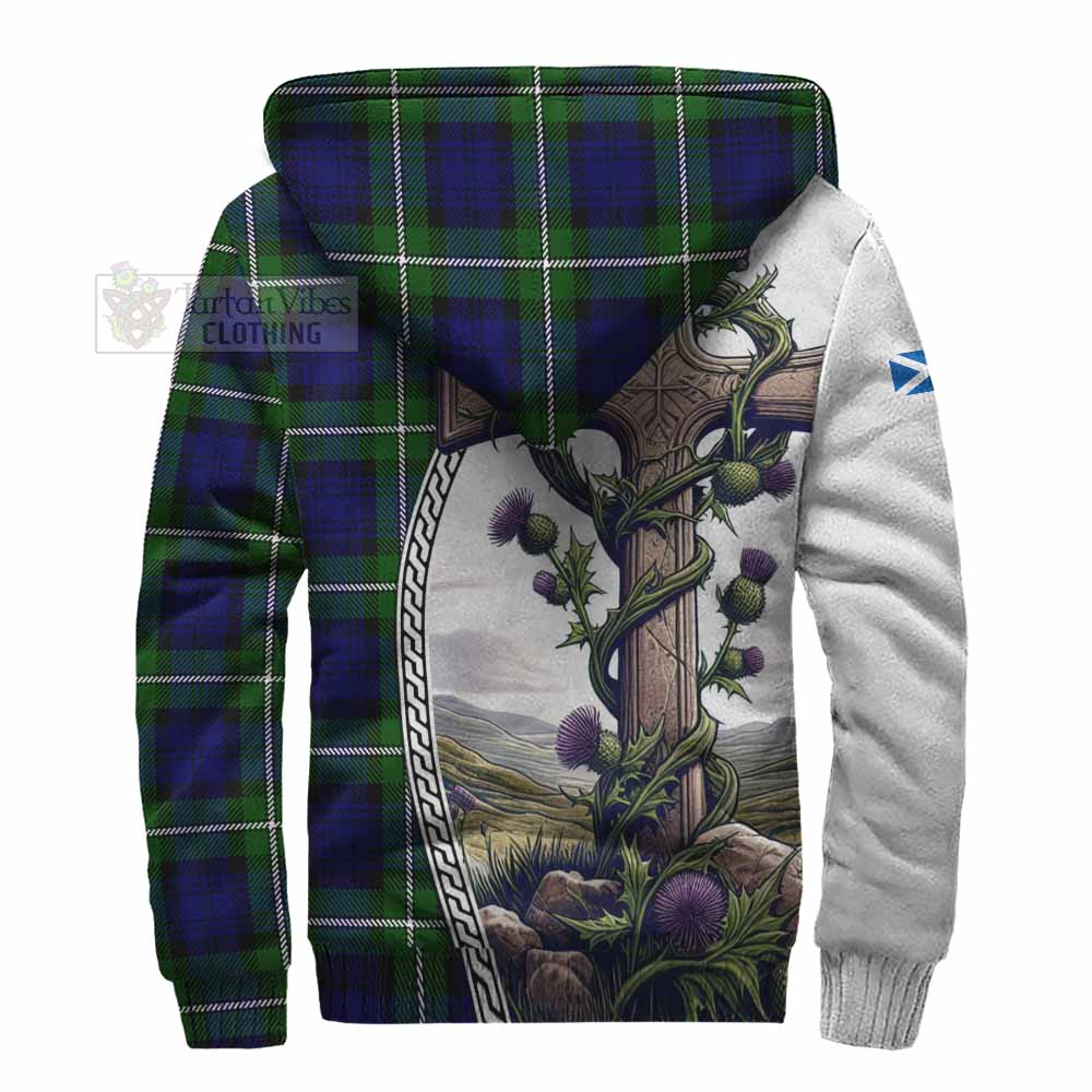 Tartan Vibes Clothing Bannerman Tartan Sherpa Hoodie with Family Crest and St. Andrew's Cross Accented by Thistle Vines