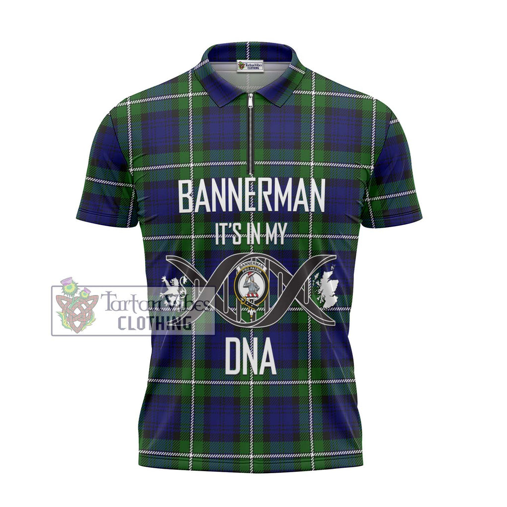 Bannerman Tartan Zipper Polo Shirt with Family Crest DNA In Me Style - Tartanvibesclothing Shop