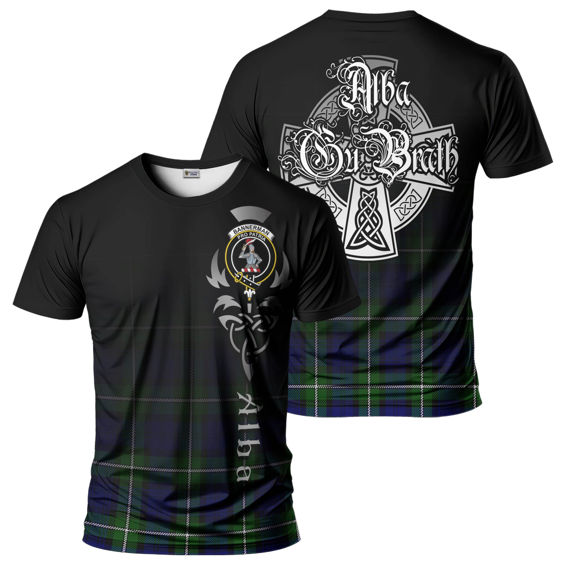 Tartan Vibes Clothing Bannerman Tartan T-Shirt Featuring Alba Gu Brath Family Crest Celtic Inspired