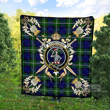 Bannerman Tartan Quilt with Family Crest and Golden Thistle Crossed Sword Design