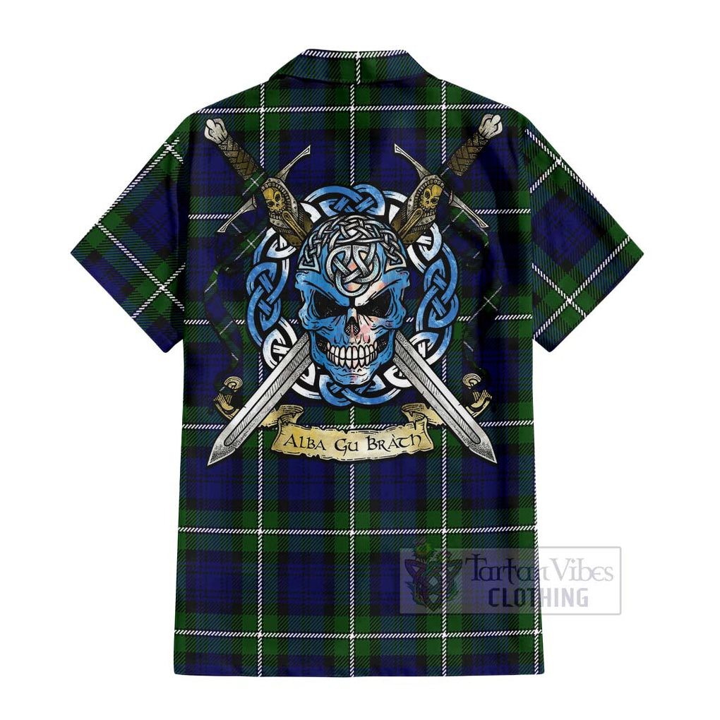 Tartan Vibes Clothing Bannerman Tartan Short Sleeve Button Shirt with Family Crest Celtic Skull Style