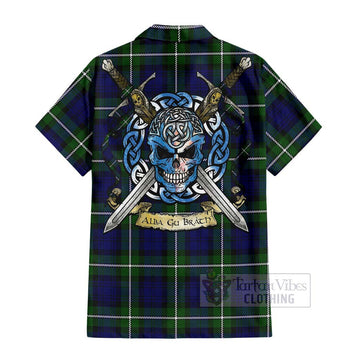 Bannerman Tartan Short Sleeve Button Shirt with Family Crest Celtic Skull Style