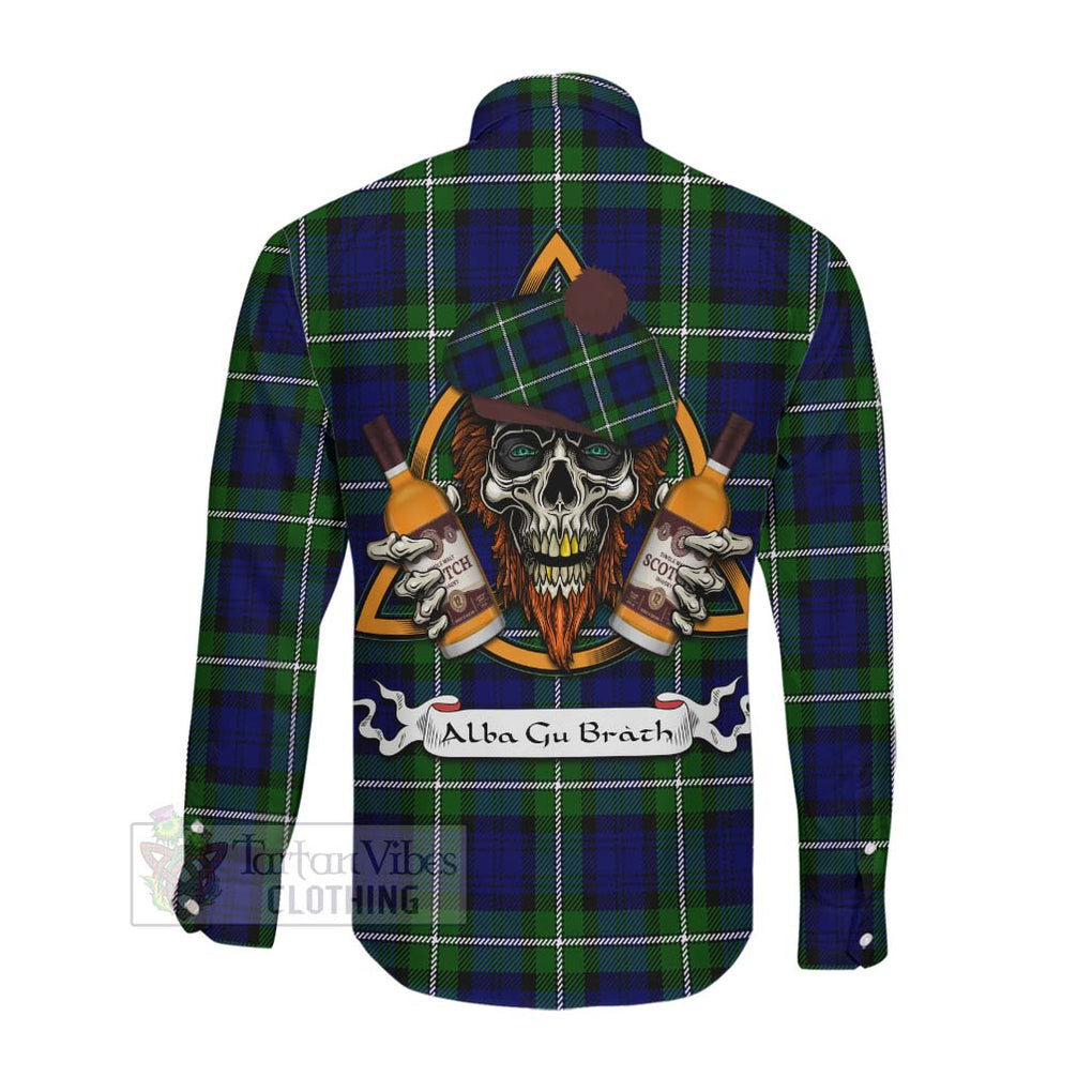 Tartan Vibes Clothing Bannerman Tartan Long Sleeve Button Shirt with Family Crest and Bearded Skull Holding Bottles of Whiskey