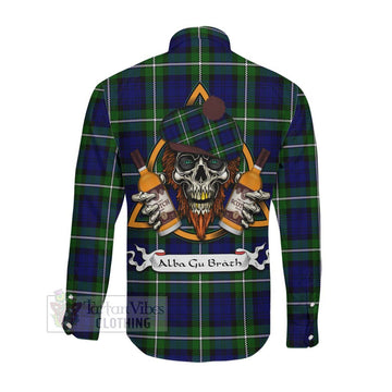 Bannerman Tartan Long Sleeve Button Shirt with Family Crest and Bearded Skull Holding Bottles of Whiskey