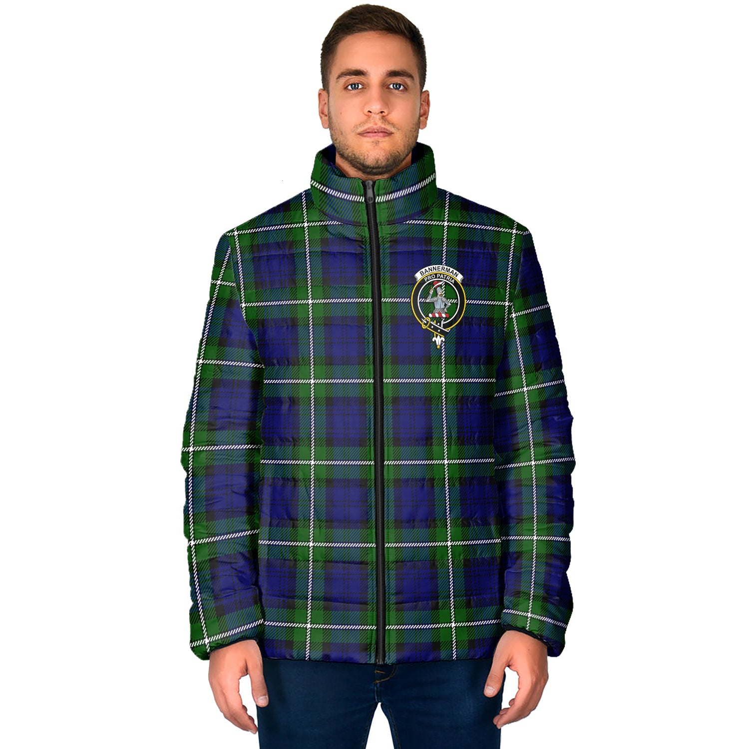 Bannerman Tartan Padded Jacket with Family Crest - Tartan Vibes Clothing