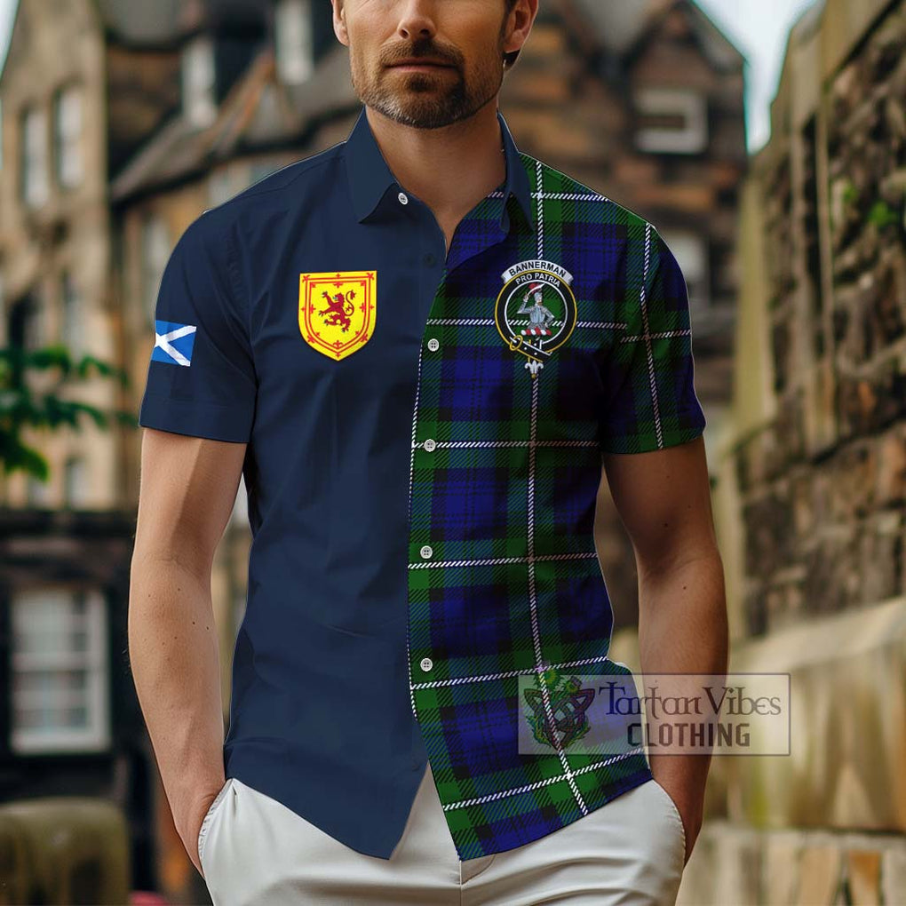 Tartan Vibes Clothing Bannerman Tartan Short Sleeve Button Shirt with Scottish Lion Royal Arm Half Style