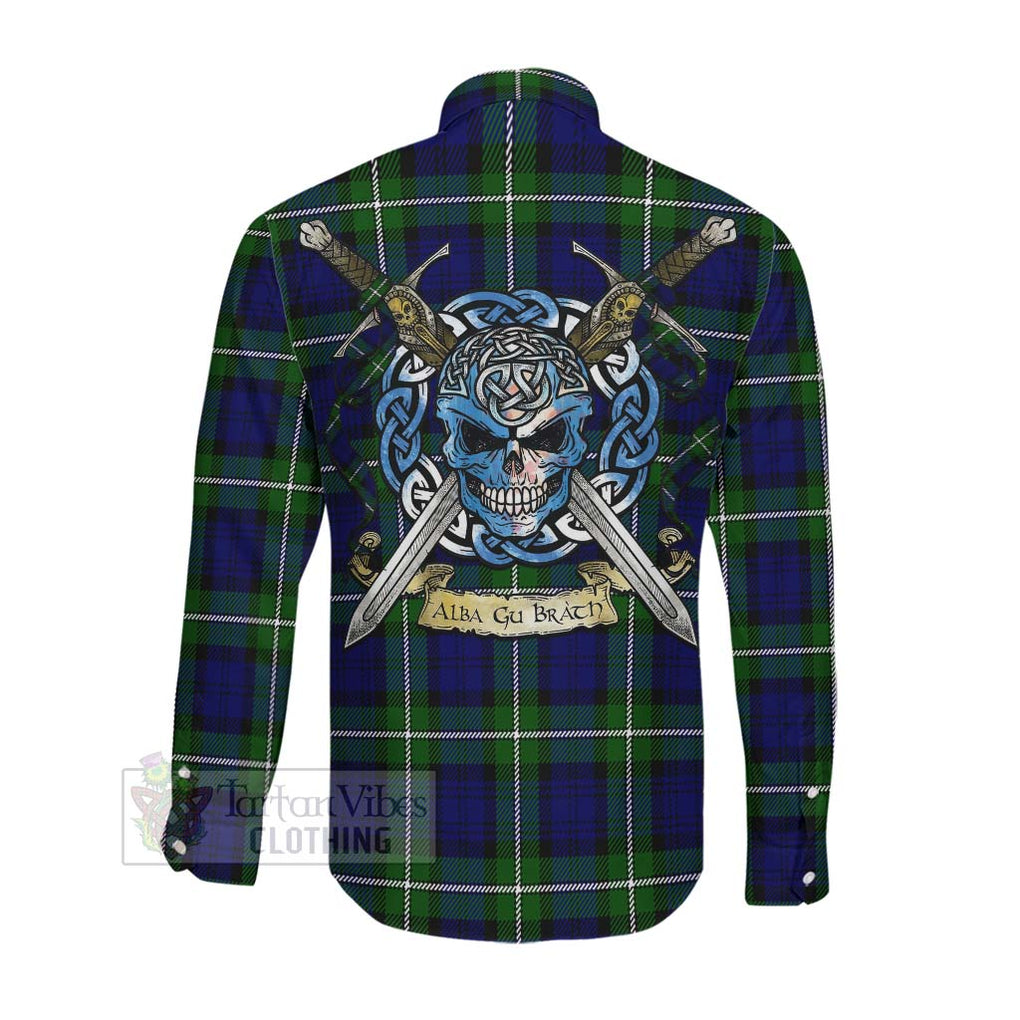 Tartan Vibes Clothing Bannerman Tartan Long Sleeve Button Shirt with Family Crest Celtic Skull Style