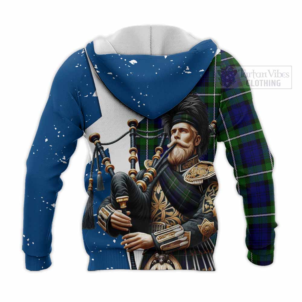 Tartan Vibes Clothing Bannerman Tartan Knitted Hoodie with Family Crest Scottish Bagpiper Vibes