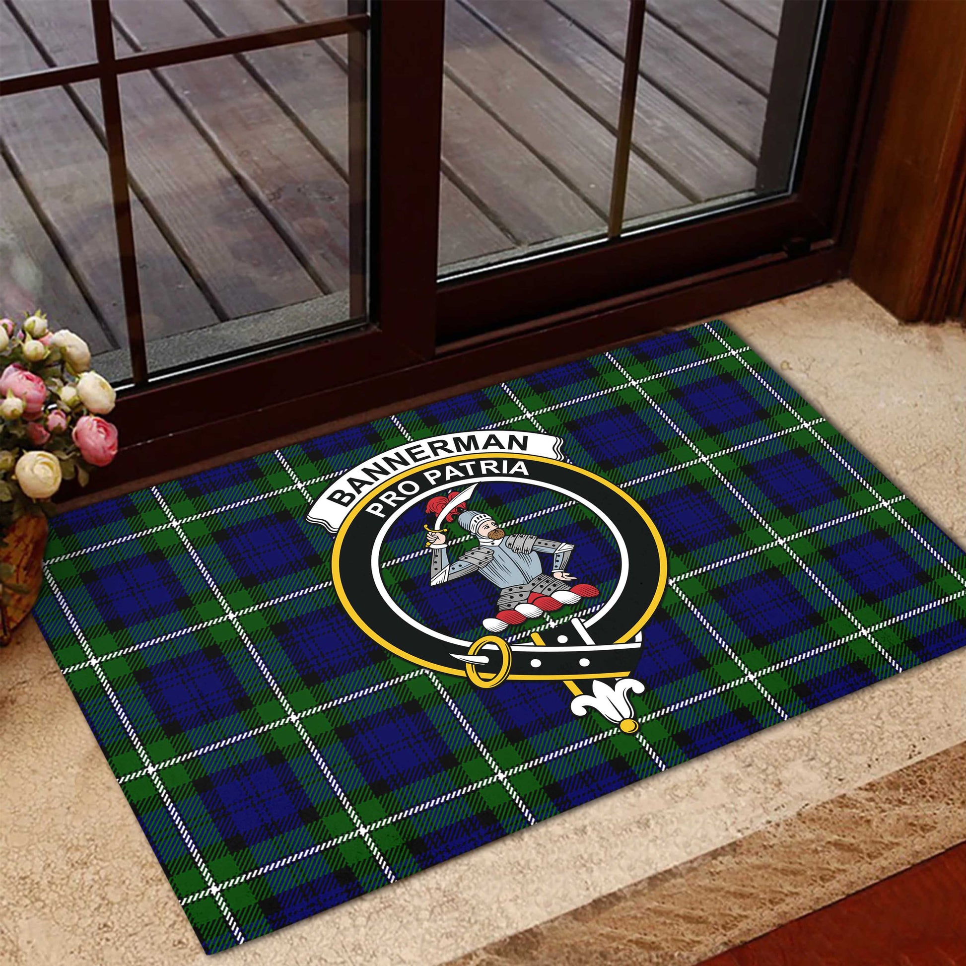 Bannerman Tartan Door Mat with Family Crest - Tartanvibesclothing