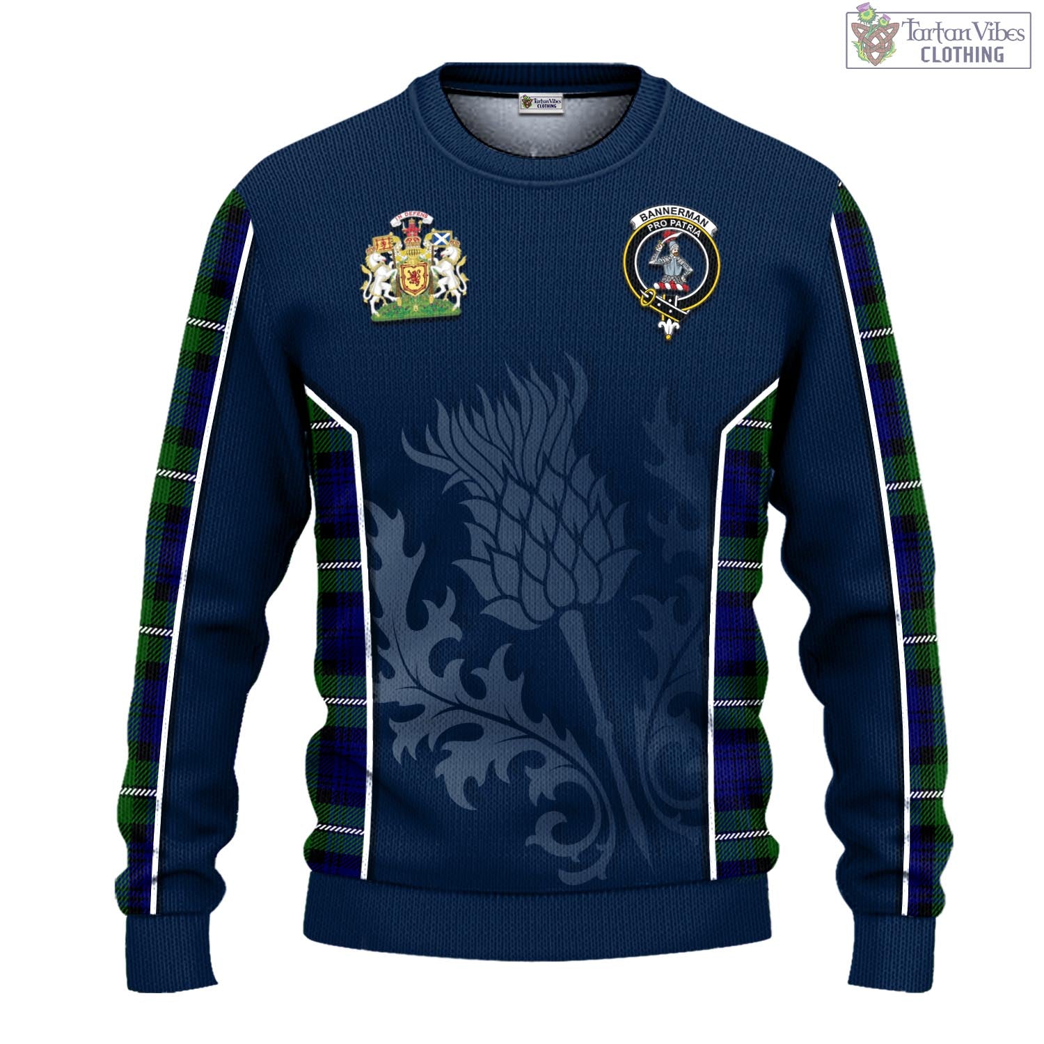 Tartan Vibes Clothing Bannerman Tartan Knitted Sweatshirt with Family Crest and Scottish Thistle Vibes Sport Style