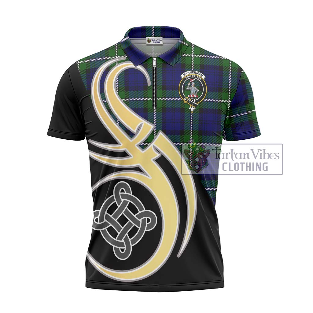 Tartan Vibes Clothing Bannerman Tartan Zipper Polo Shirt with Family Crest and Celtic Symbol Style