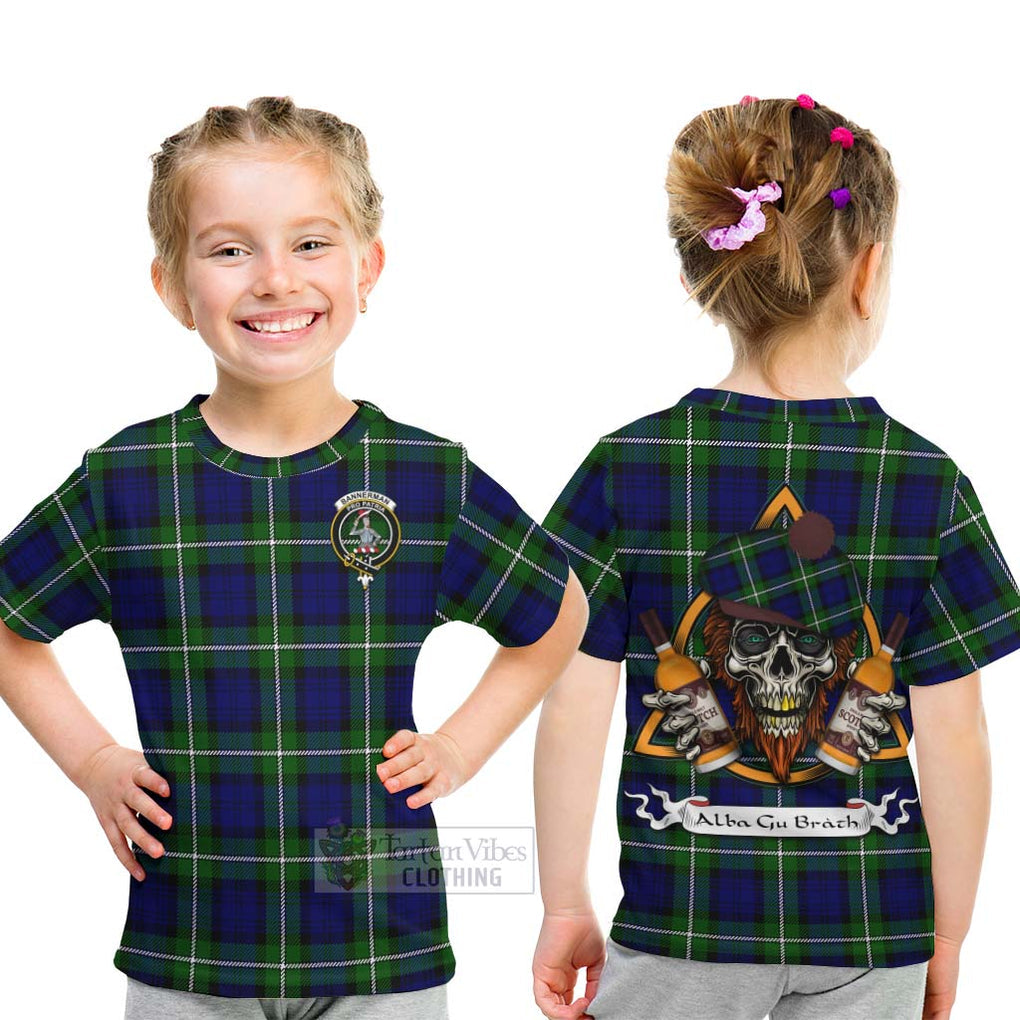 Tartan Vibes Clothing Bannerman Tartan Kid T-Shirt with Family Crest and Bearded Skull Holding Bottles of Whiskey