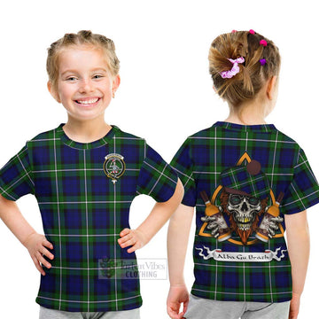 Bannerman Tartan Kid T-Shirt with Family Crest and Bearded Skull Holding Bottles of Whiskey