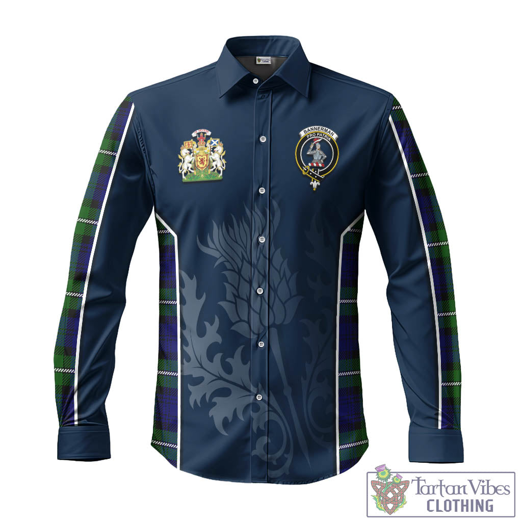 Tartan Vibes Clothing Bannerman Tartan Long Sleeve Button Up Shirt with Family Crest and Scottish Thistle Vibes Sport Style