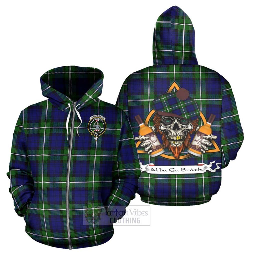 Tartan Vibes Clothing Bannerman Tartan Hoodie with Family Crest and Bearded Skull Holding Bottles of Whiskey