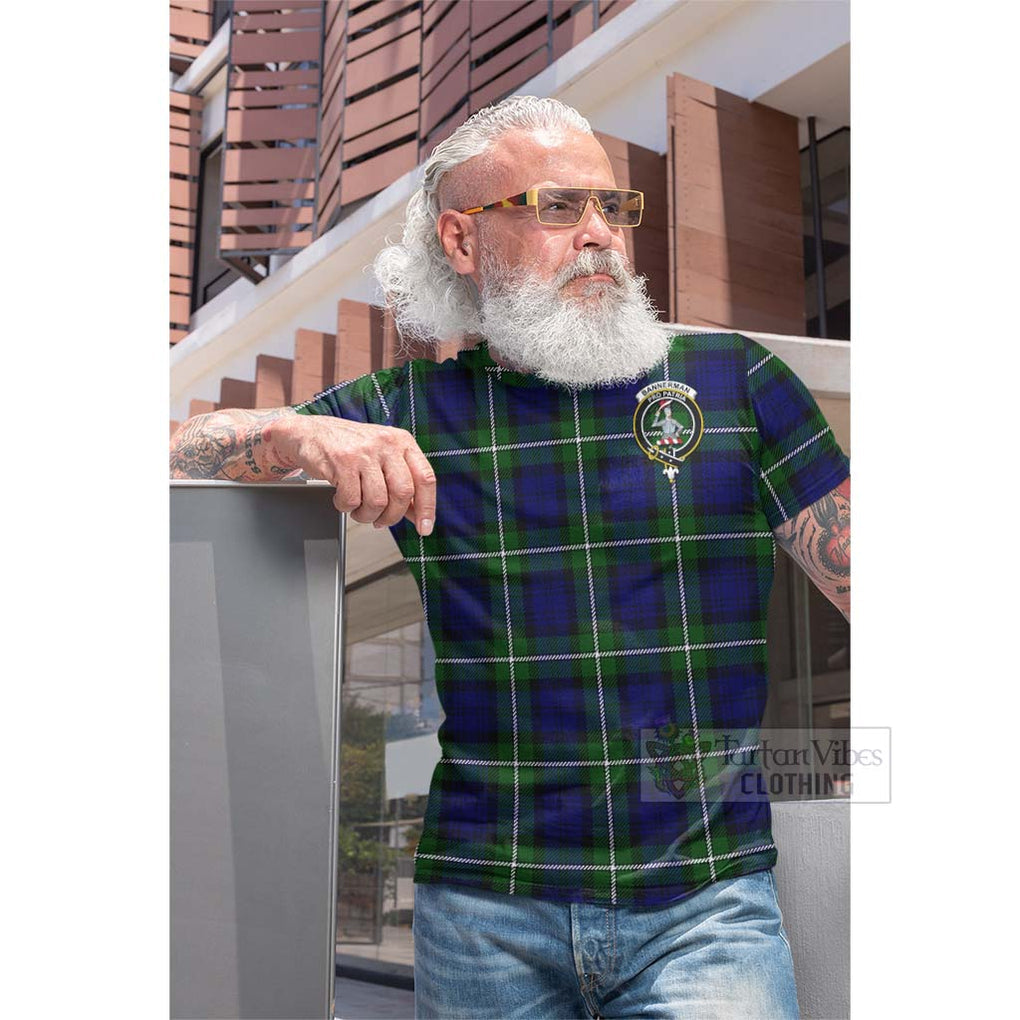 Tartan Vibes Clothing Bannerman Tartan Cotton T-shirt with Family Crest and Bearded Skull Holding Bottles of Whiskey