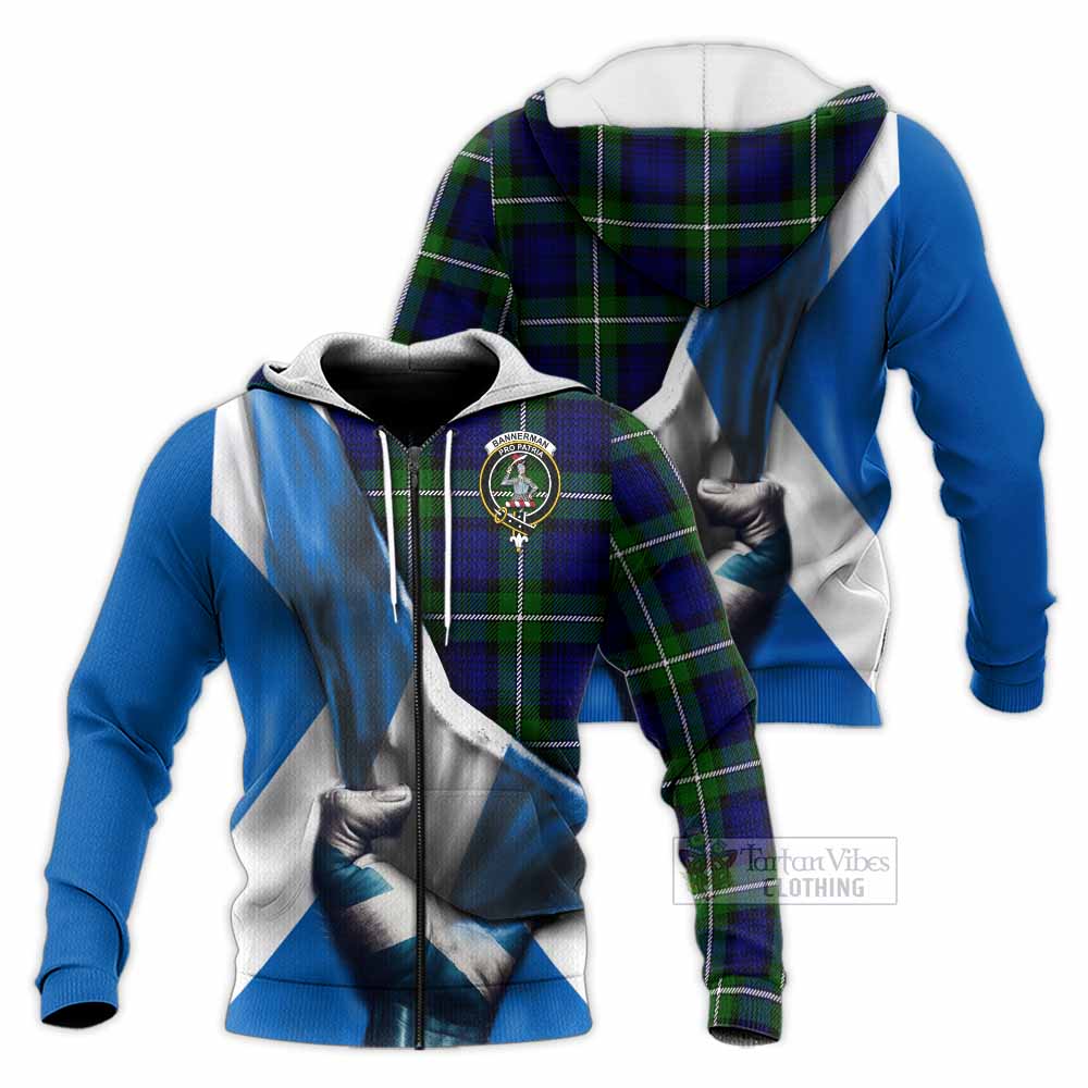 Tartan Vibes Clothing Bannerman Tartan Knitted Hoodie with Family Crest Scotland Patriotic Style