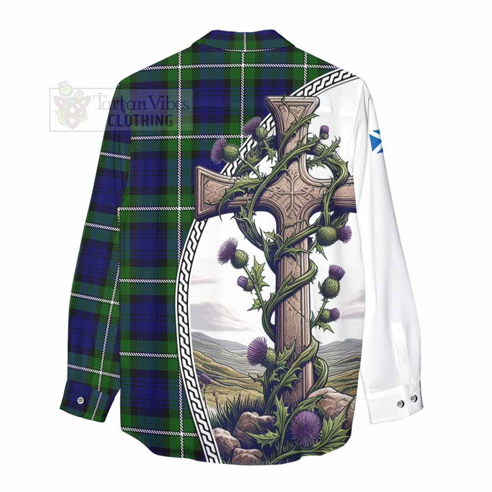 Tartan Vibes Clothing Bannerman Tartan Women's Casual Shirt with Family Crest and St. Andrew's Cross Accented by Thistle Vines