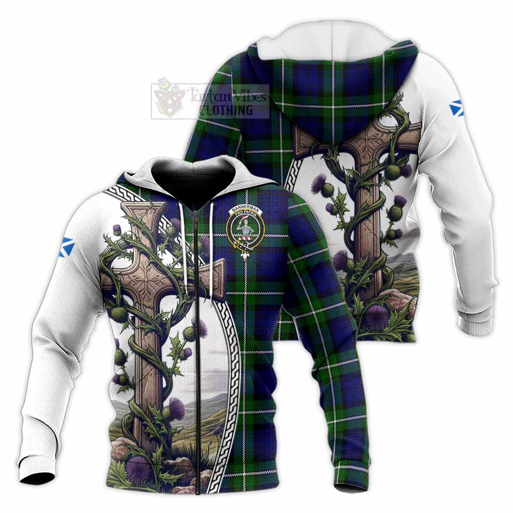 Tartan Vibes Clothing Bannerman Tartan Knitted Hoodie with Family Crest and St. Andrew's Cross Accented by Thistle Vines