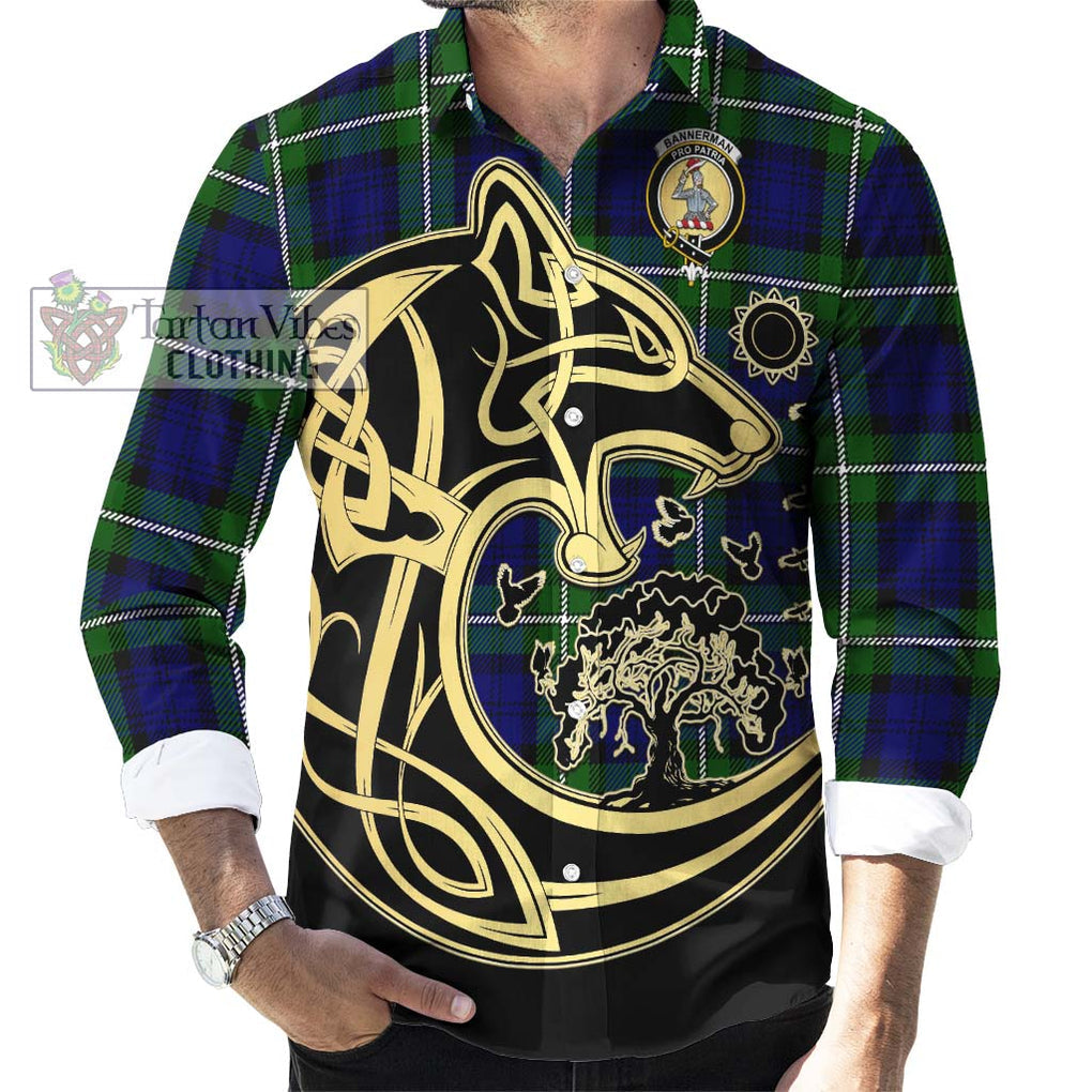 Bannerman Tartan Long Sleeve Button Shirt with Family Crest Celtic Wolf Style - Tartan Vibes Clothing