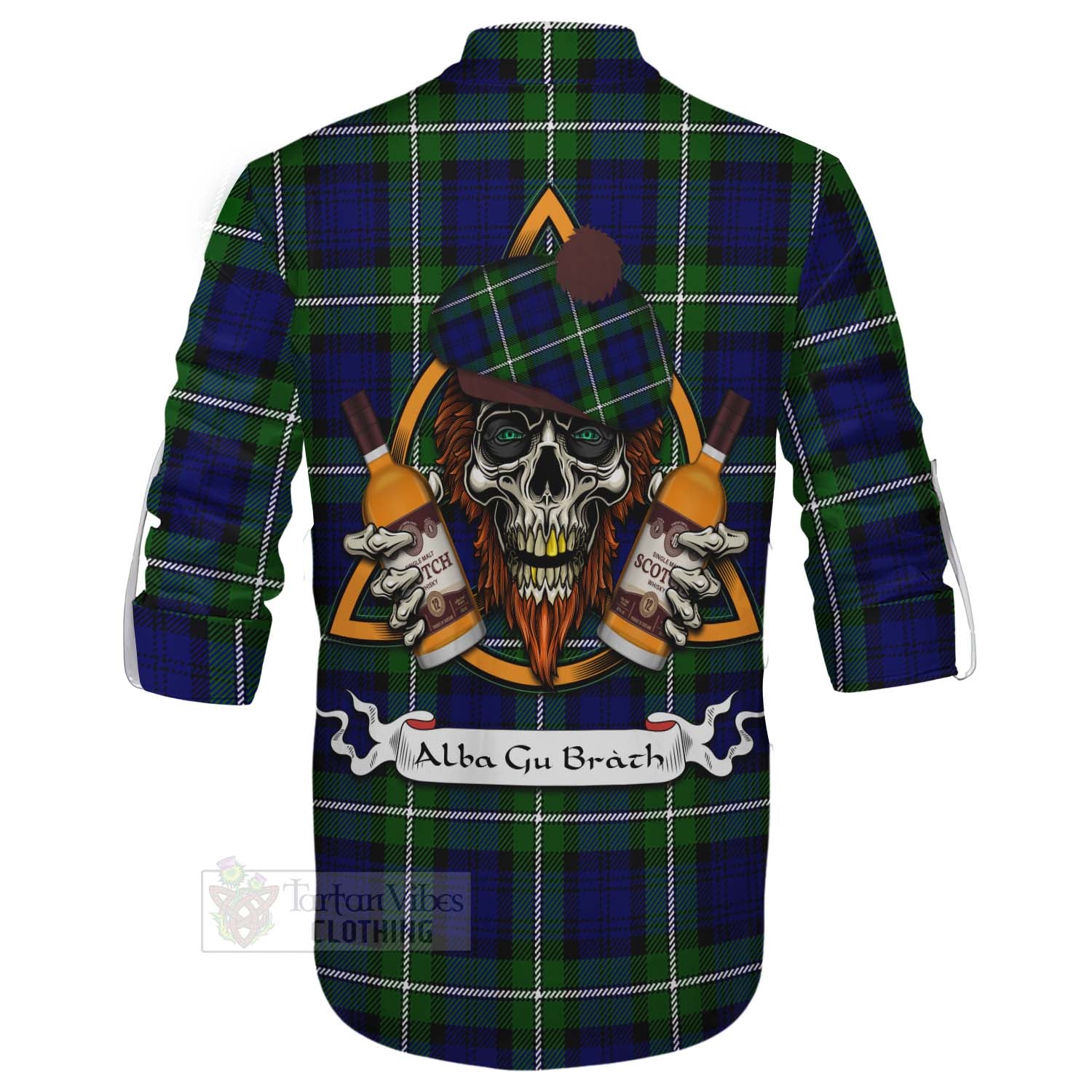 Tartan Vibes Clothing Bannerman Tartan Ghillie Kilt Shirt with Family Crest and Bearded Skull Holding Bottles of Whiskey