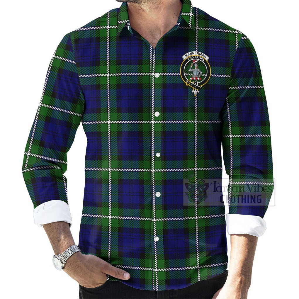 Tartan Vibes Clothing Bannerman Tartan Long Sleeve Button Shirt with Family Crest and Bearded Skull Holding Bottles of Whiskey