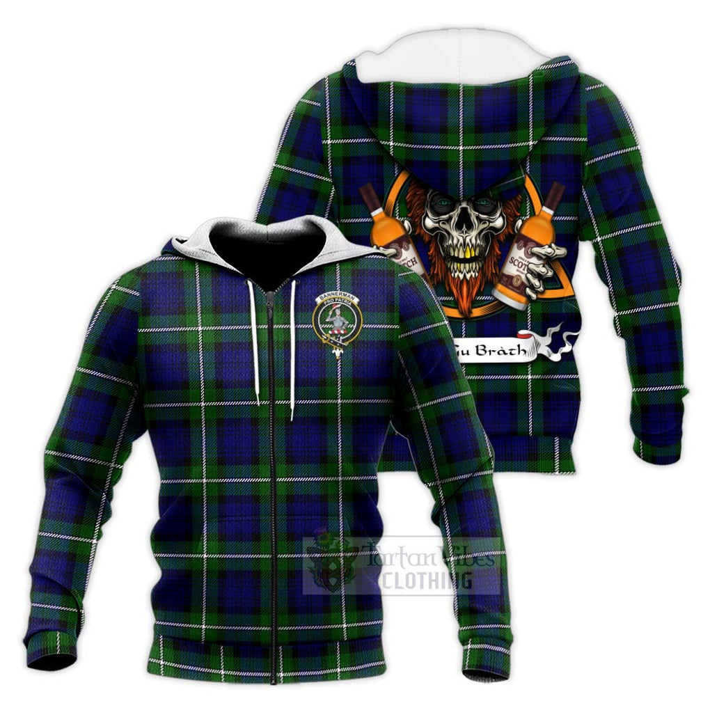 Tartan Vibes Clothing Bannerman Tartan Knitted Hoodie with Family Crest and Bearded Skull Holding Bottles of Whiskey