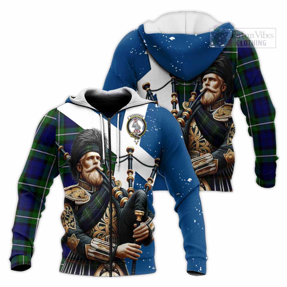 Tartan Vibes Clothing Bannerman Tartan Knitted Hoodie with Family Crest Scottish Bagpiper Vibes