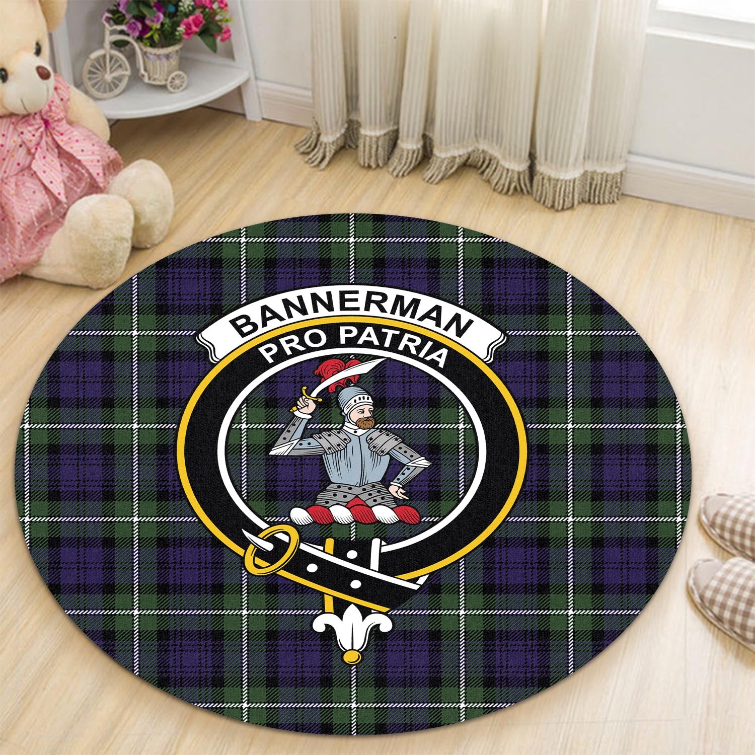 Bannerman Tartan Round Rug with Family Crest - Tartanvibesclothing