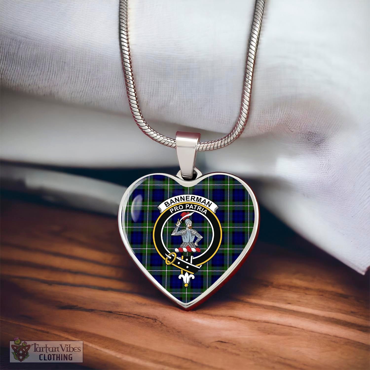 Tartan Vibes Clothing Bannerman Tartan Heart Necklace with Family Crest