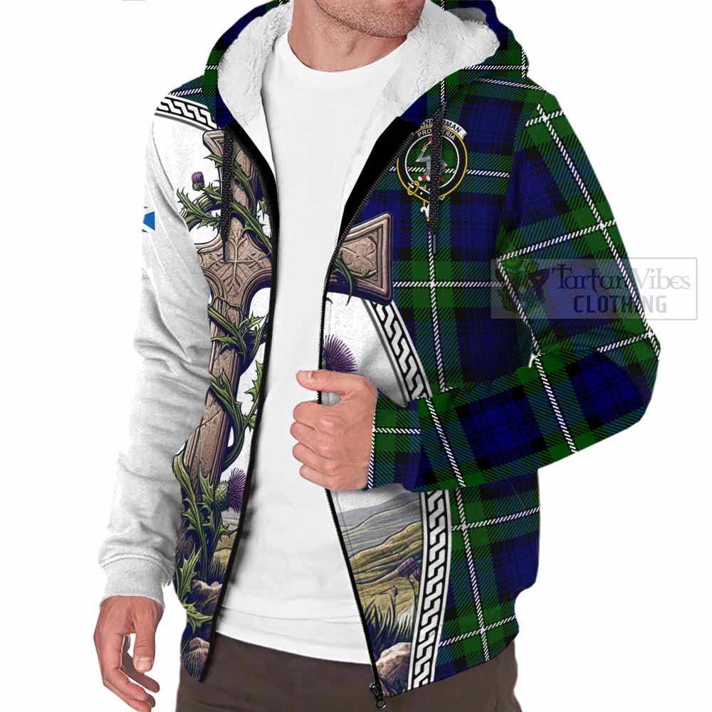 Tartan Vibes Clothing Bannerman Tartan Sherpa Hoodie with Family Crest and St. Andrew's Cross Accented by Thistle Vines