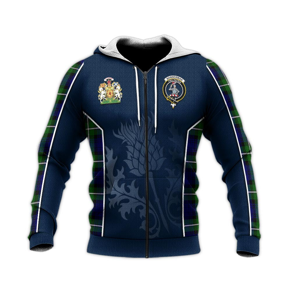 Tartan Vibes Clothing Bannerman Tartan Knitted Hoodie with Family Crest and Scottish Thistle Vibes Sport Style