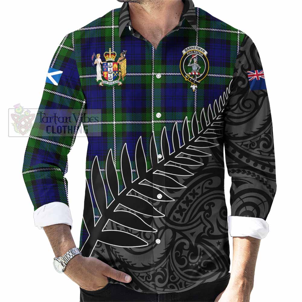 Tartan Vibes Clothing Bannerman Crest Tartan Long Sleeve Button Shirt with New Zealand Silver Fern Half Style