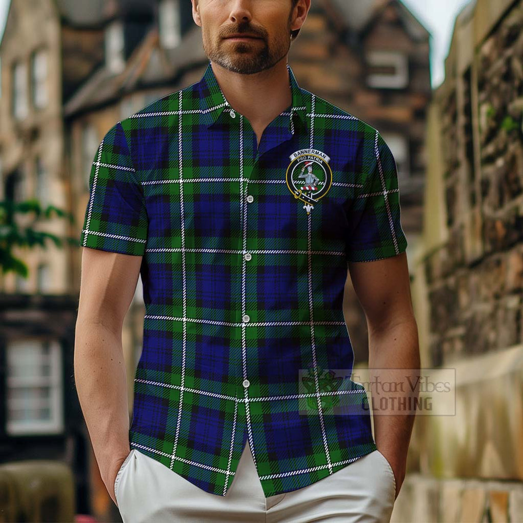 Tartan Vibes Clothing Bannerman Tartan Short Sleeve Button Shirt with Family Crest Celtic Skull Style