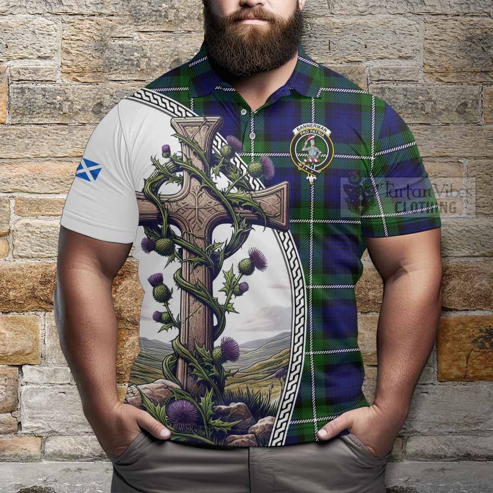 Tartan Vibes Clothing Bannerman Tartan Polo Shirt with Family Crest and St. Andrew's Cross Accented by Thistle Vines