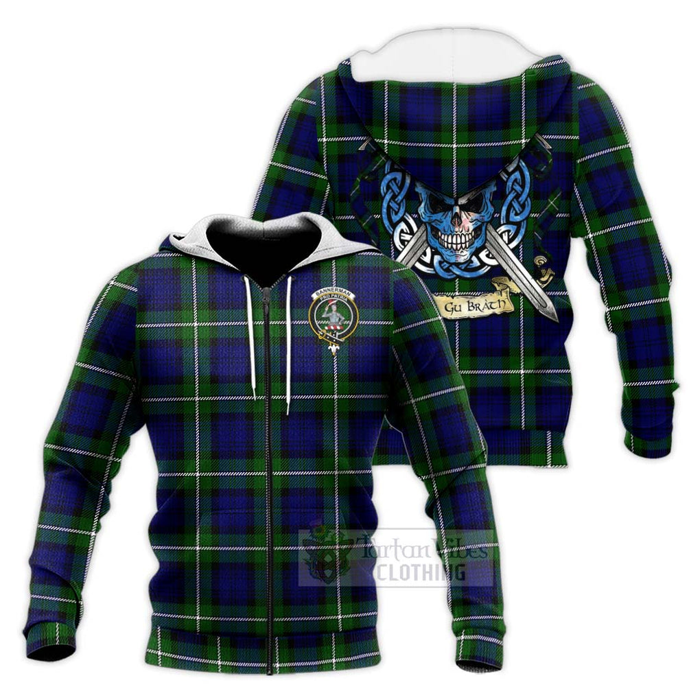 Tartan Vibes Clothing Bannerman Tartan Knitted Hoodie with Family Crest Celtic Skull Style