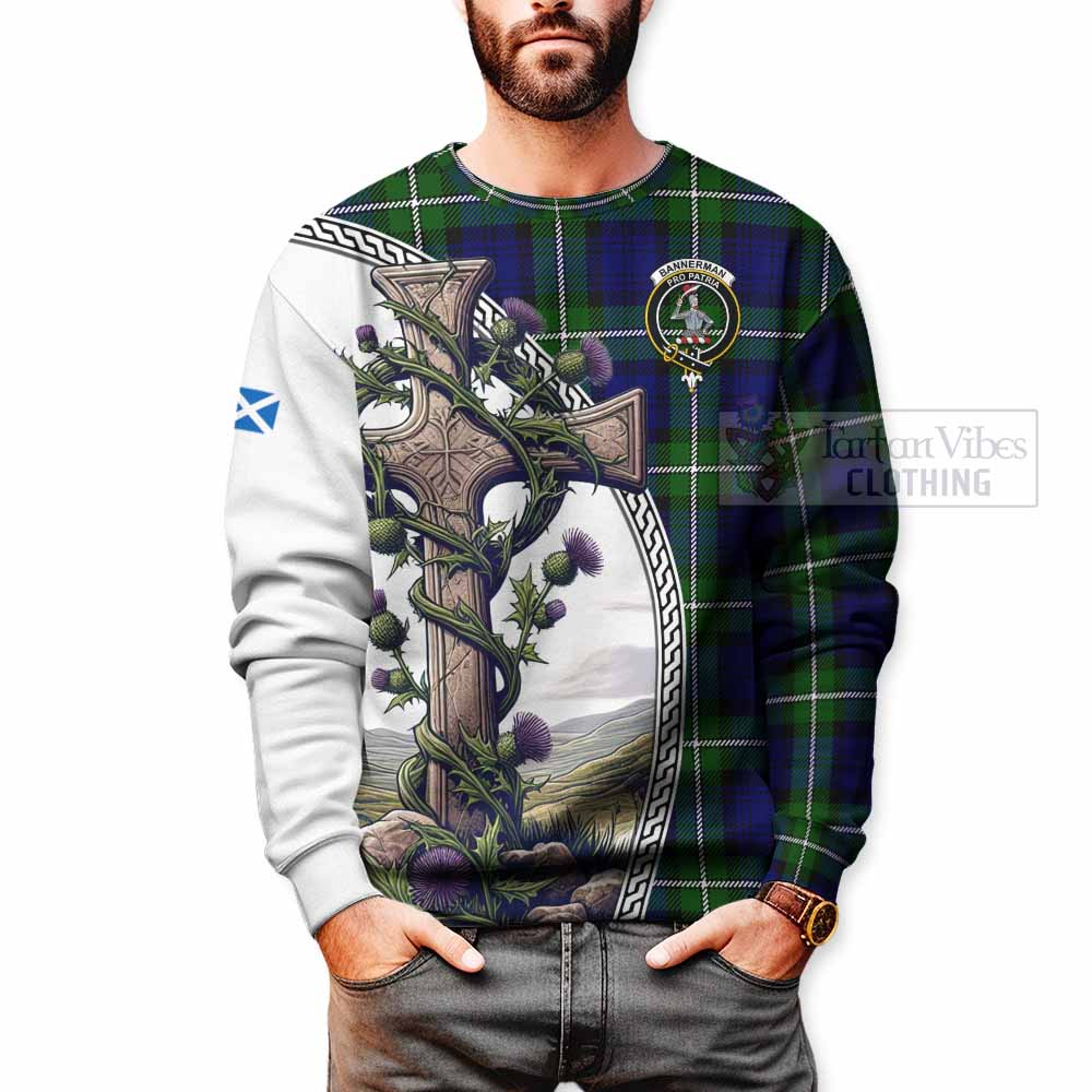 Tartan Vibes Clothing Bannerman Tartan Sweatshirt with Family Crest and St. Andrew's Cross Accented by Thistle Vines