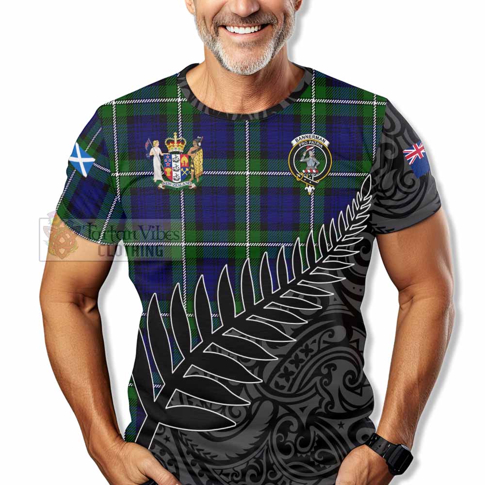 Tartan Vibes Clothing Bannerman Crest Tartan T-Shirt with New Zealand Silver Fern Half Style