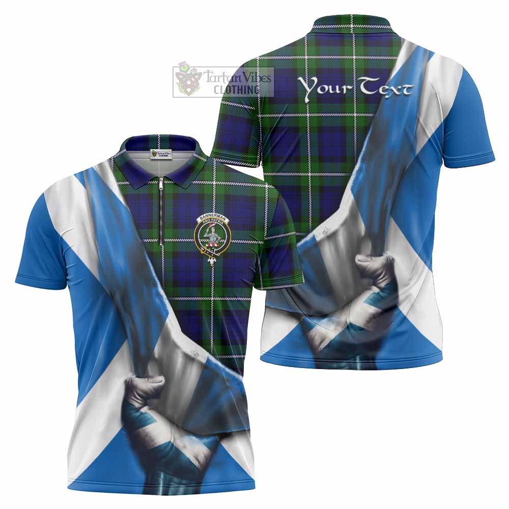 Tartan Vibes Clothing Bannerman Tartan Zipper Polo Shirt with Family Crest Scotland Patriotic Style