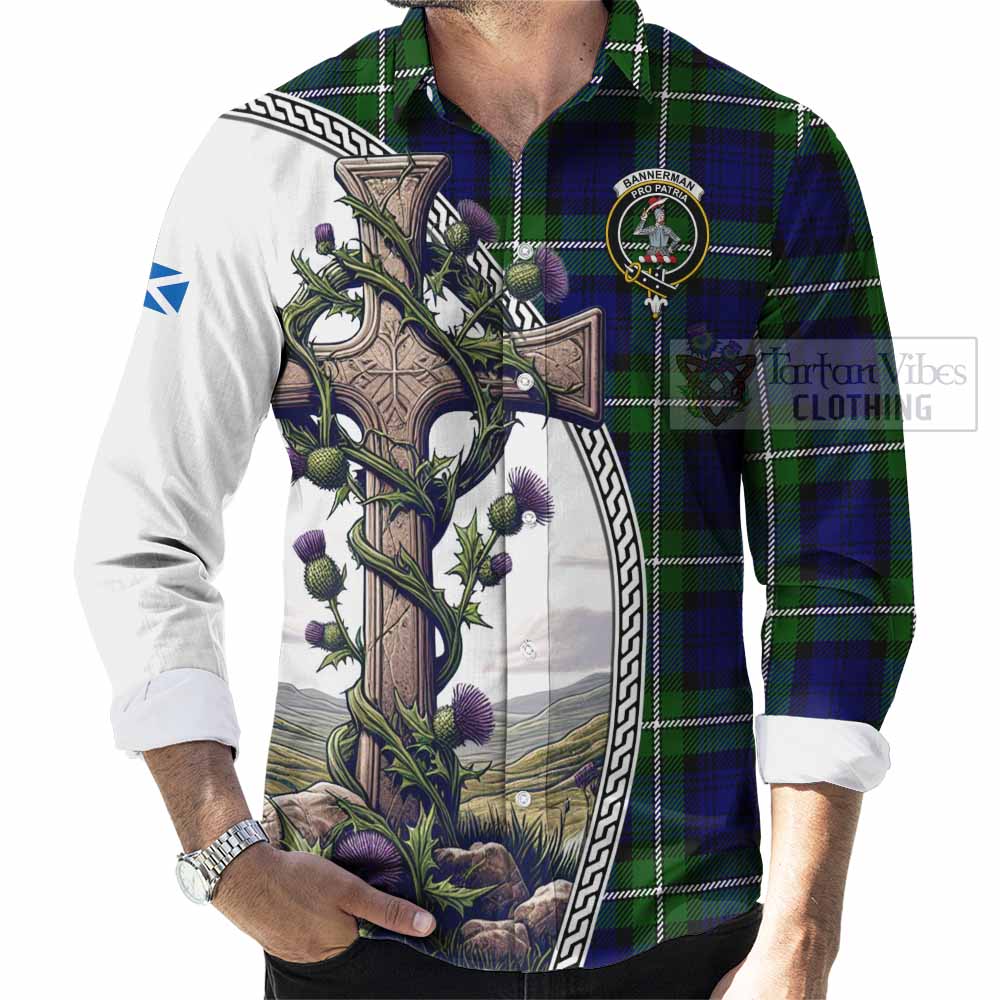 Tartan Vibes Clothing Bannerman Tartan Long Sleeve Button Shirt with Family Crest and St. Andrew's Cross Accented by Thistle Vines