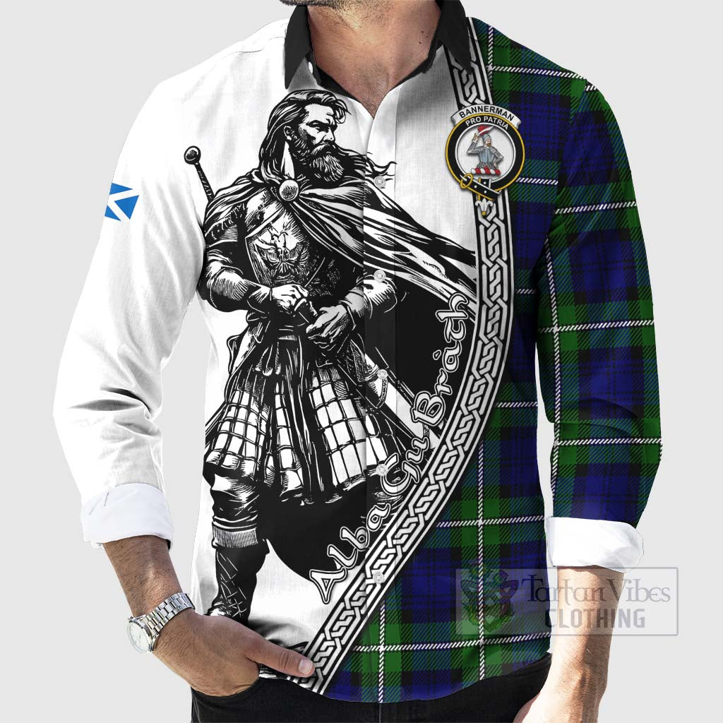 Tartan Vibes Clothing Bannerman Tartan Clan Crest Long Sleeve Button Shirt with Highlander Warrior Celtic Style