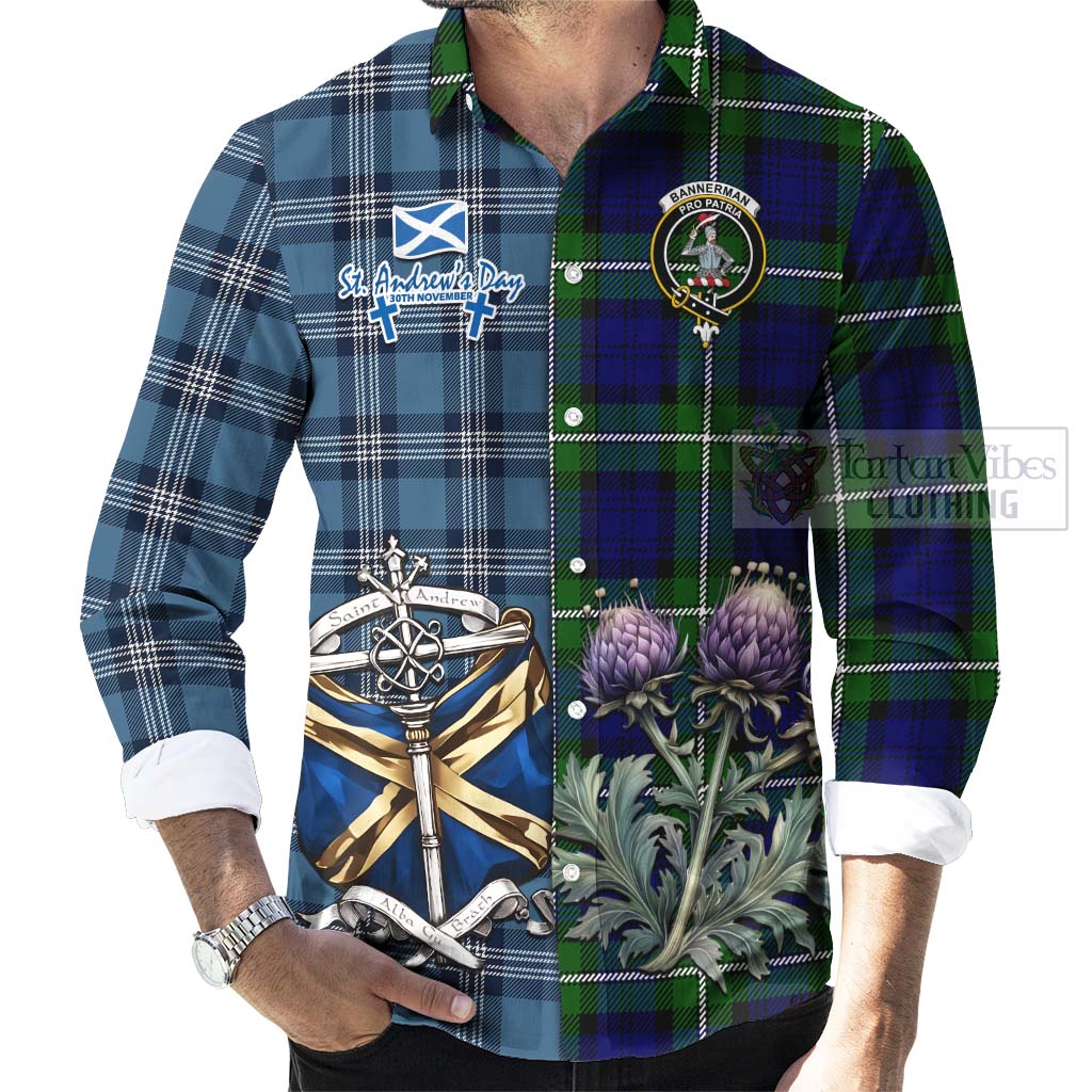 Tartan Vibes Clothing Bannerman Tartan Long Sleeve Button Shirt Happy St. Andrew's Day Half Tartan Style